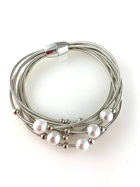 Silver Magnetic Bracelet with Multi-strand Piano Wire and Pearls