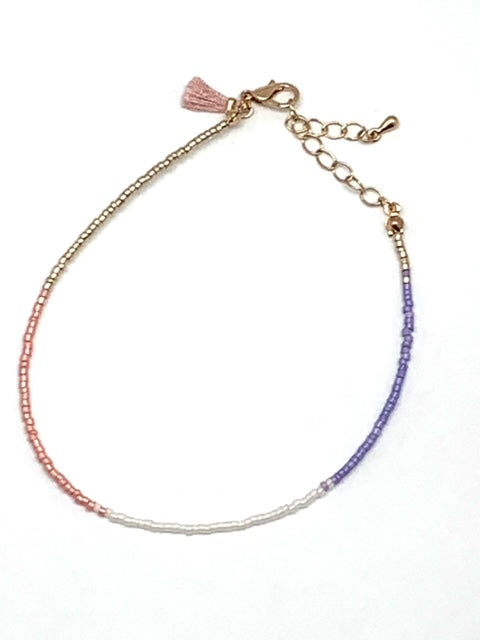 Pink Purple Clear and Gold Metallic Beaded Anklet