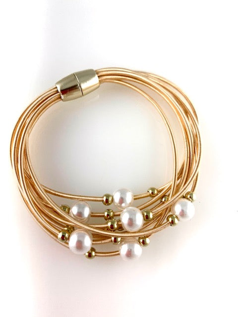 Gold Magnetic Bracelet with Multi-strand Piano Wire and Pearls