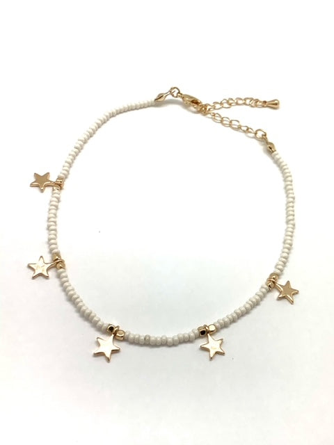 White Beaded Anklet with Star Pendants