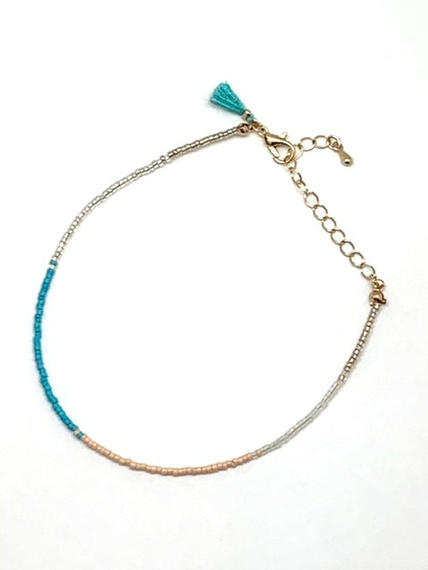 Turquoise Pink White and Silver Metallic Beaded Anklet