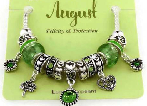 August Birth Stone Multi Bead and Charm Gift Bracelet