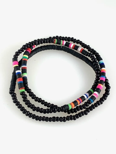 Set of 3 Black Beaded Stretch Bracelets with Bright Accents Beads