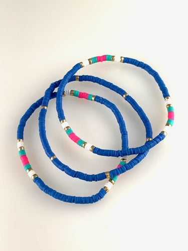 Set of 3 Blue Beaded Stretch Bracelets with Bright Accents Beads