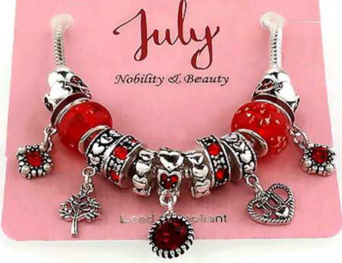 July Birth Stone Multi Bead and Charm Gift Bracelet