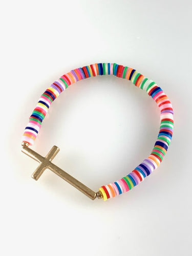 Beaded Stretch Bracelet with Bright Colors and Gold Cross