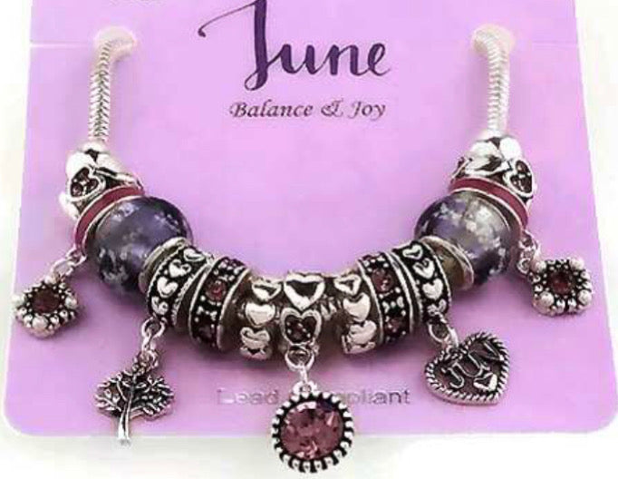 June Birth Stone Multi Bead and Charm Gift Bracelet