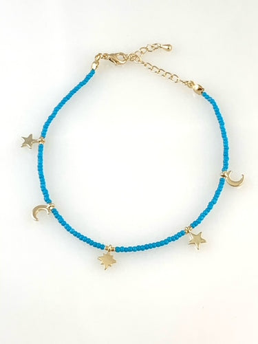 Turquoise Beaded Anklet with Star and Moon Pendants