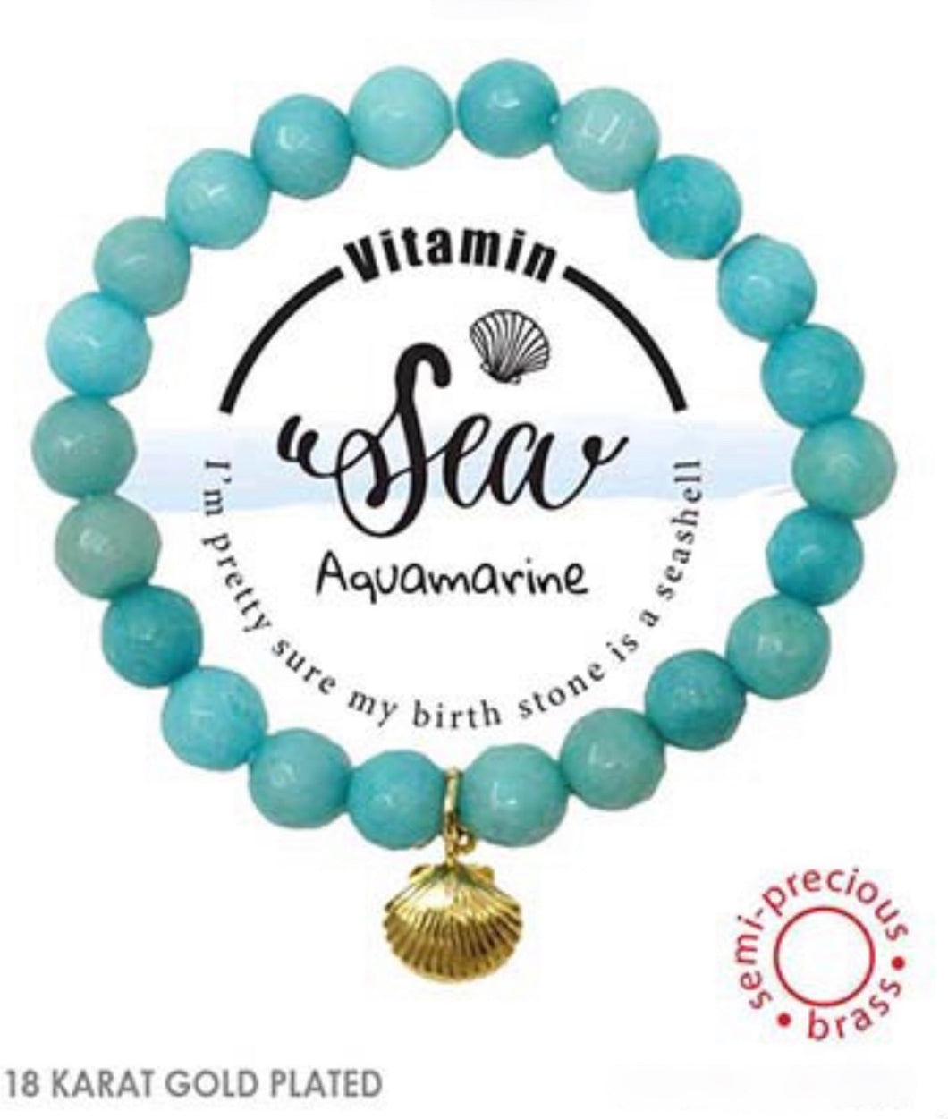 Shell Charm Vitamin Sea Semi-Precious Aquamarine Stone Stretch Inspirational Bracelet