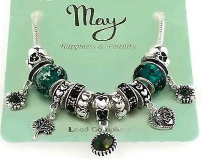 May Birth Stone Multi Bead and Charm Gift Bracelet