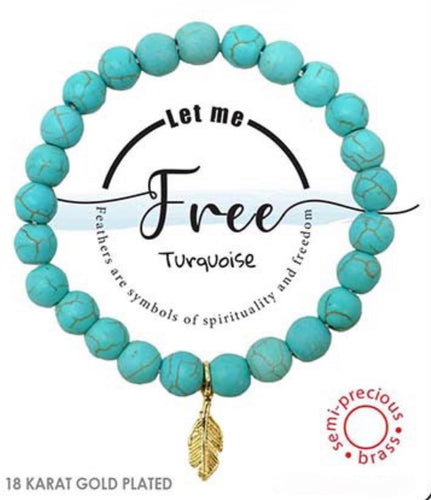 Feather Charm Let Me Free Semi-Precious Turquoise Stone Stretch Inspirational Bracelet