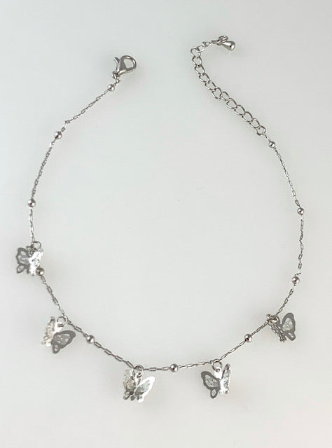 Silver Chain Anklet with Butterfly Pendants