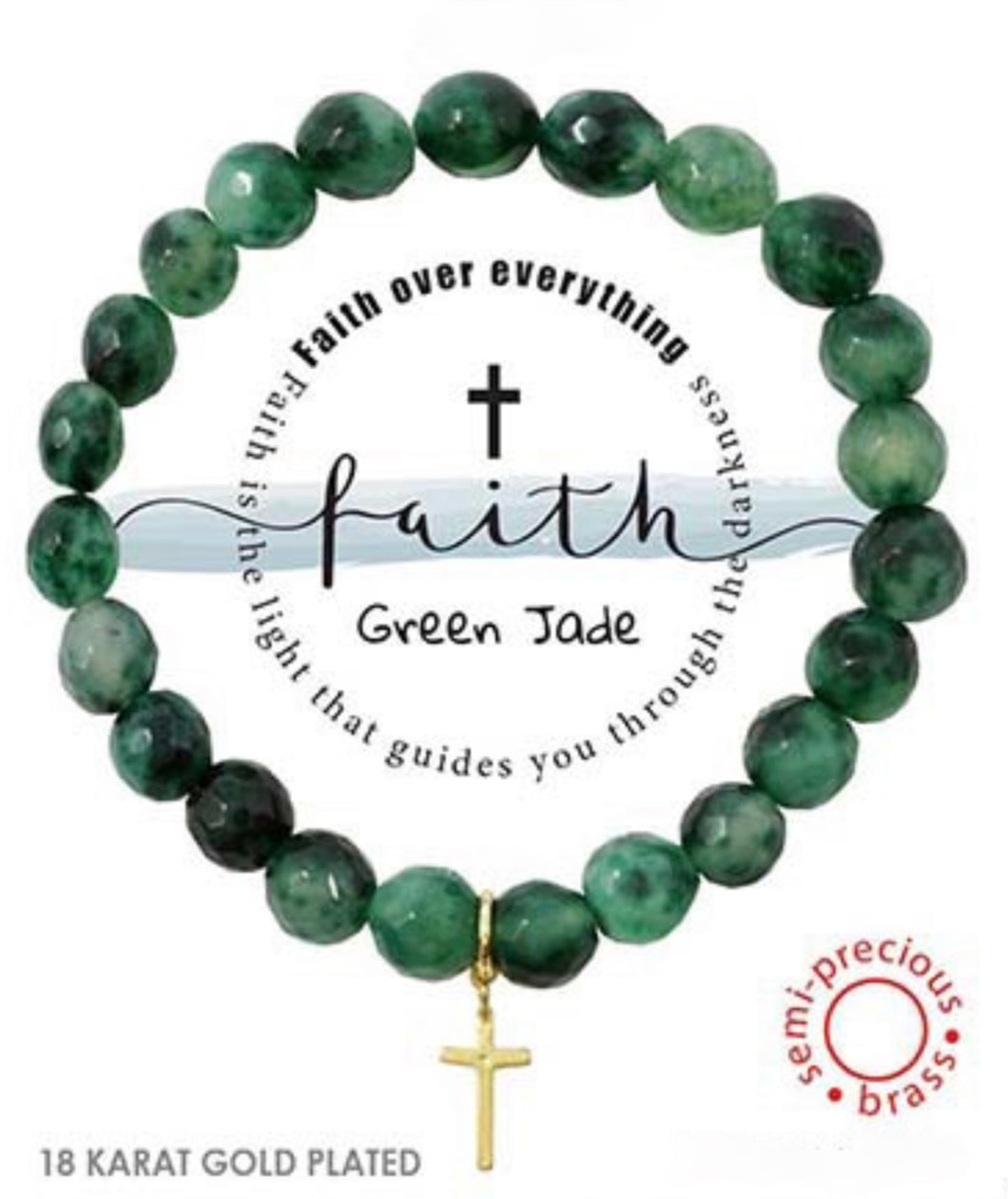 Cross Charm Faith Semi-Precious Green Jade Stone Stretch Inspirational Bracelet