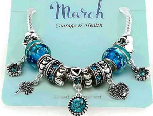 March Birth Stone Multi Bead and Charm Gift Bracelet