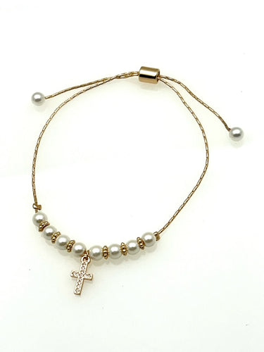 Pearl and Gold Adjustable Bracelet with Cross Charm