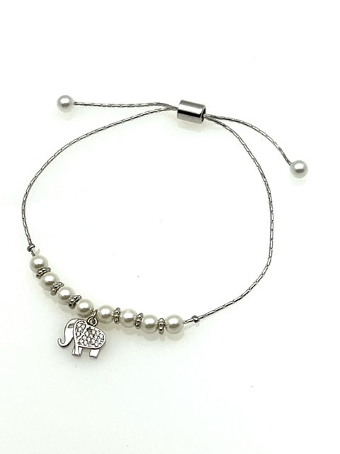 Pearl and Silver Adjustable Bracelet with Elephant Charm