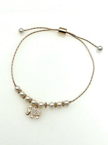 Pearl and Gold Adjustable Bracelet with Elephant Charm