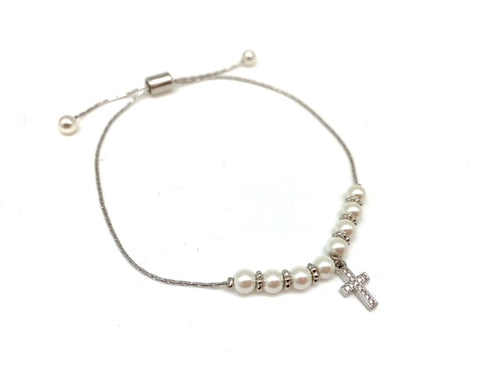 Pearl and Silver Adjustable Bracelet with Cross Charm