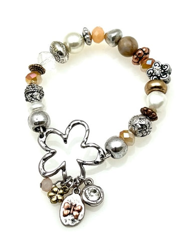 Multi Metal Stretch Bracelet - Flower Pendant and Charms