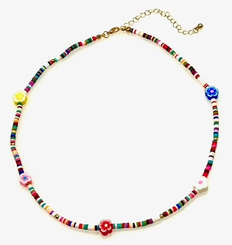 Bright Beaded Necklace with Flower beads