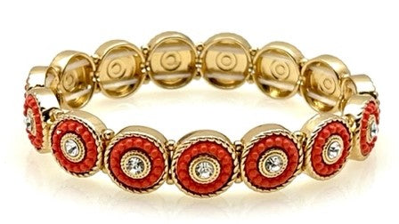 Metal beaded stretch bracelet with crystals - Coral