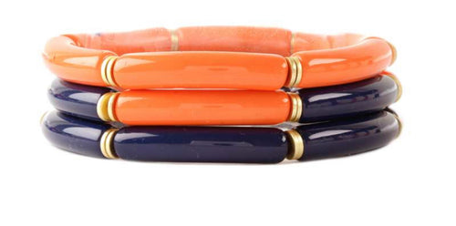 Orange Navy and Gold Long Beaded Stretch Sport Bracelet Set of 3