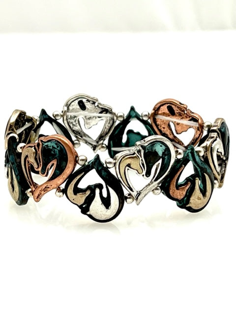 Patina Stretch Bracelet - 2 Horse Heart Shape