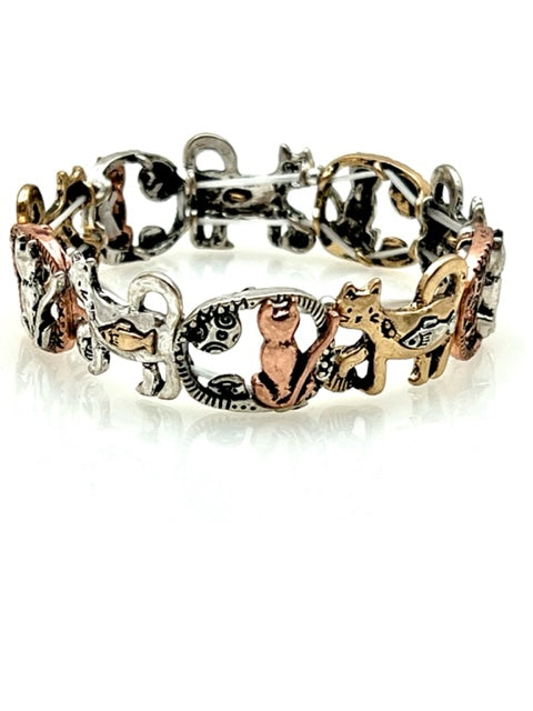 Multi Metal Cat with Fish Stretch Bracelet