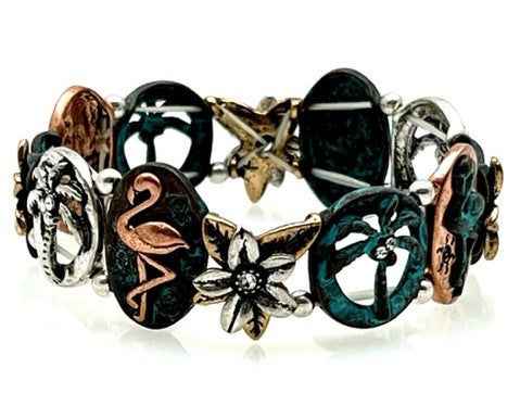 Patina Flamingo Palm Tree Flower Stretch Bracelet