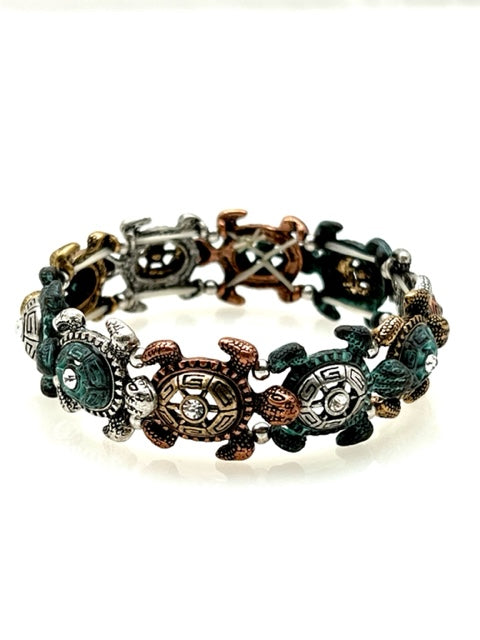 Patina Stretch Bracelet - Row of Turtles with Crystal