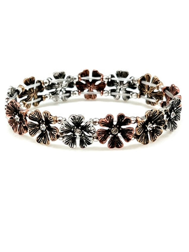 Multi Metal Stretch Bracelet - Flower with Crystal