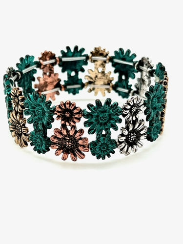 Patina Stretch Bracelet - Double Row of Flowers