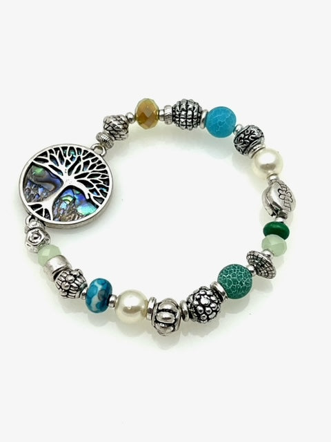 Patina Stretch Bracelet - Beaded with Tree of Life Pendant