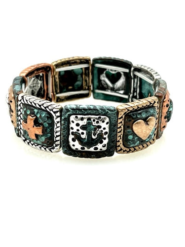 Nautical Patina Stretch Bracelet - Boat Anchor, Heart