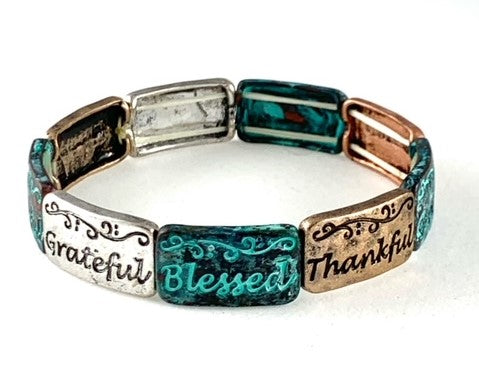 Patina Stretch Bracelet Grateful Thankful Blessed