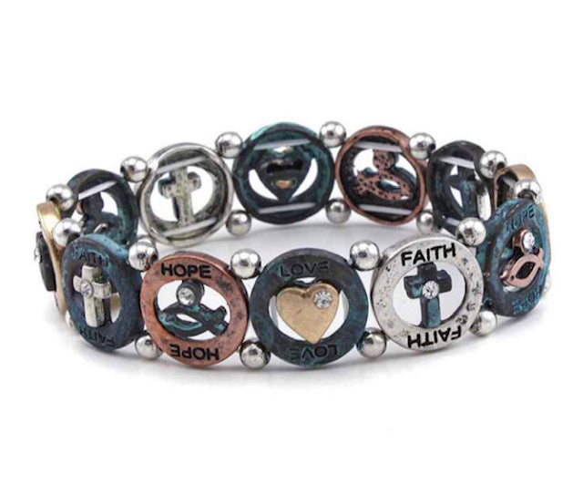 Patina Stretch Bracelet Faith Hope Love Cross Heart