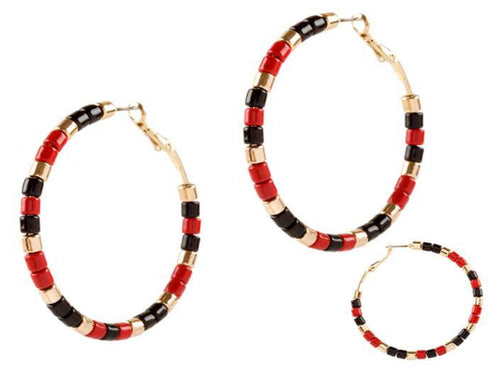 Red and Black Beaded Hoop Sport Earrings