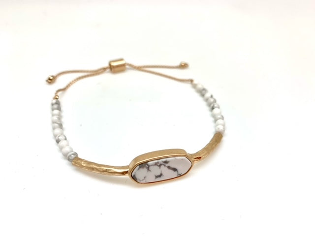 White Stone and Hammered Matte Gold Adjustable Bracelet