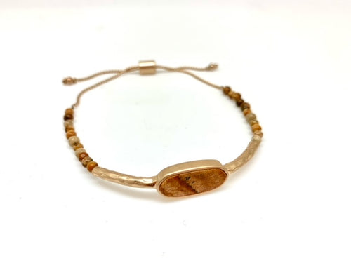 Brown Stone and Hammered Matte Gold Adjustable Bracelet