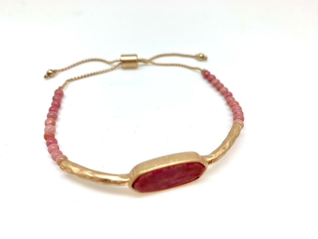 Dark Pink Stone and Hammered Matte Gold Adjustable Bracelet