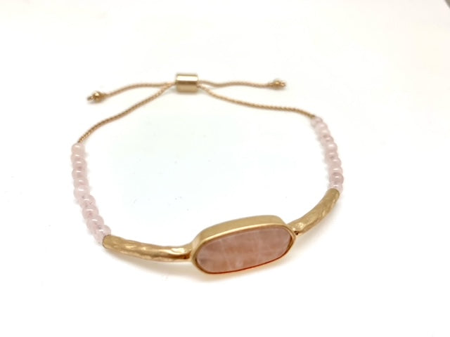 Light Pink Stone and Hammered Matte Gold Adjustable Bracelet