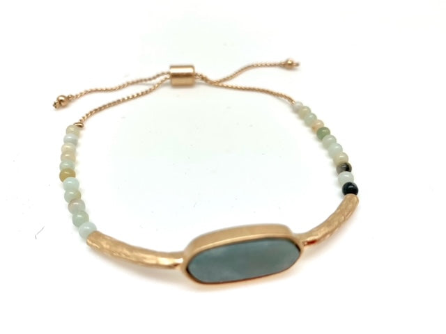 Gray Stone and Hammered Matte Gold Adjustable Bracelet