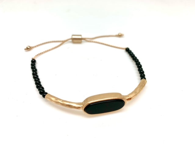 Black Stone and Hammered Matte Gold Adjustable Bracelet