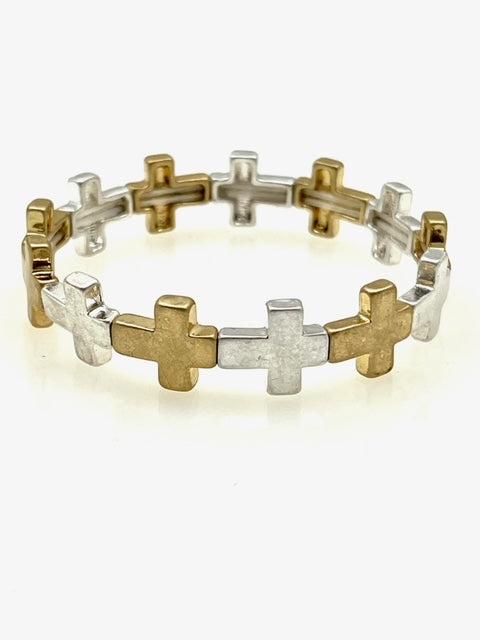 Silver and Gold Stretch Bracelet with Small Cross