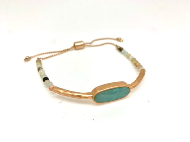 Green Stone and Hammered Matte Gold Adjustable Bracelet