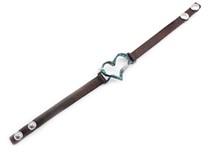 Brown Leather Snap Bracelet with Patina finish Heart