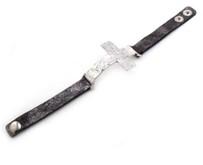 Black Leather Snap Bracelet with Silver Cross