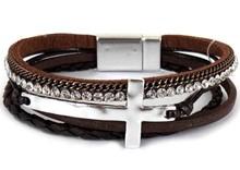 Leather Magnetic Bracelet Brown Hammered Cross