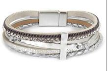 Leather Magnetic Bracelet Silver with Cross