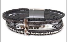 Leather Magnetic Inspirational Bracelet with Cross BLESSED Gray